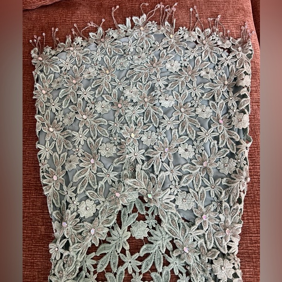 Light Blue Floral Lace Spaghetti Straps Slip Dress with Crystal Beaded Fringe. - Picture 4 of 8